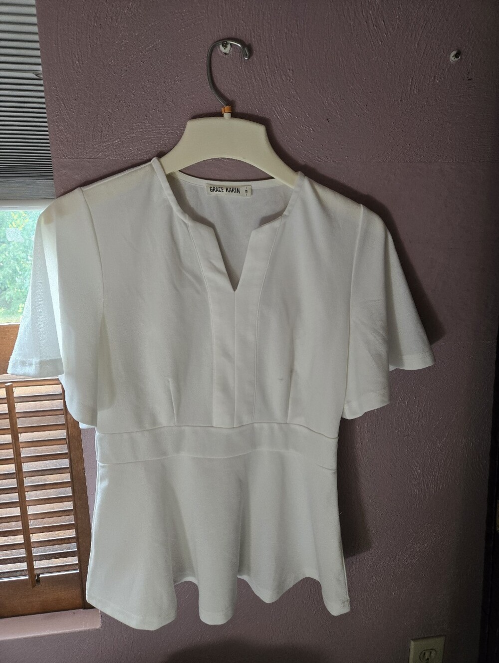 Grace Karin White Notch-V Neck Peplum Blouse